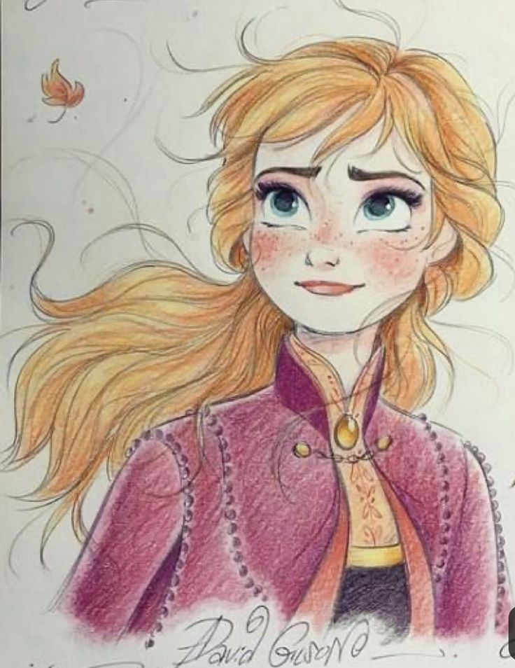 a drawing of a girl with long blonde hair and blue eyes wearing a purple jacket