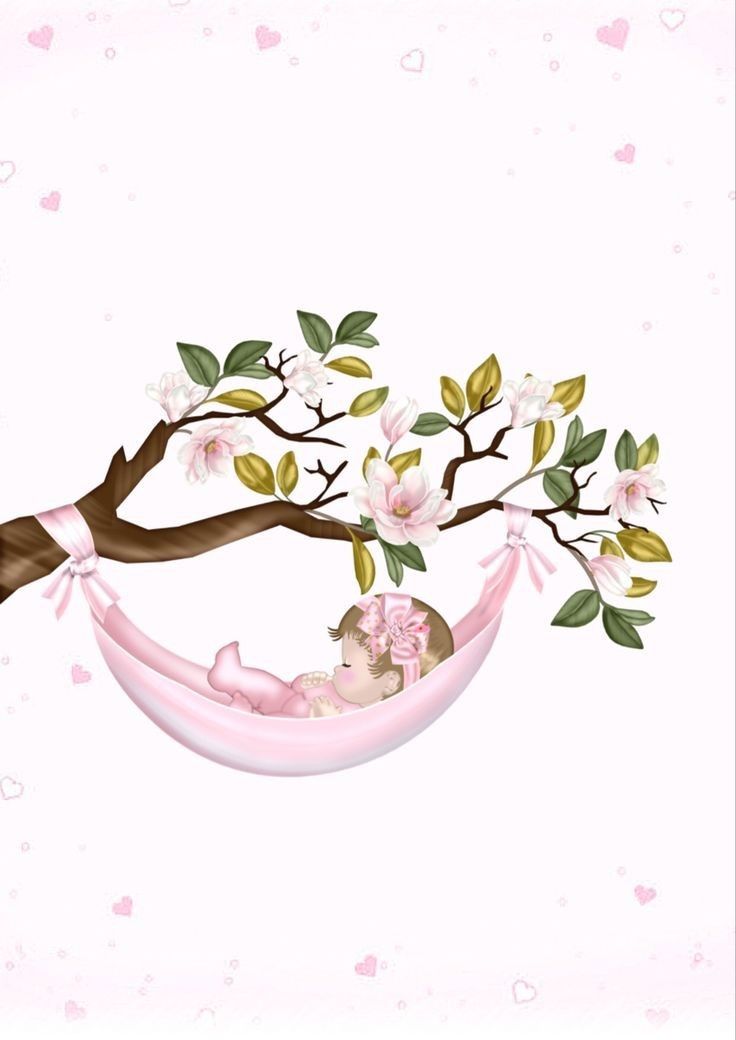 a baby in a hammock hanging from a tree branch with pink flowers and leaves