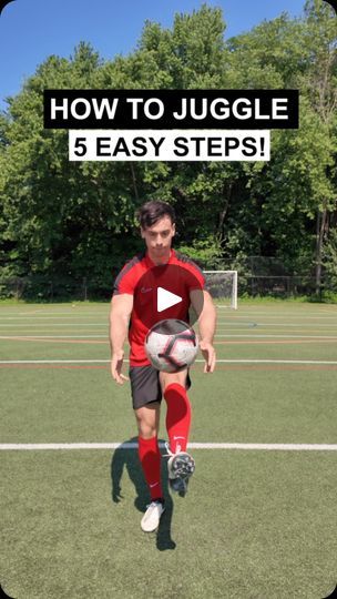 a man kicking a soccer ball on top of a green field with the words how to juggle 5 easy steps