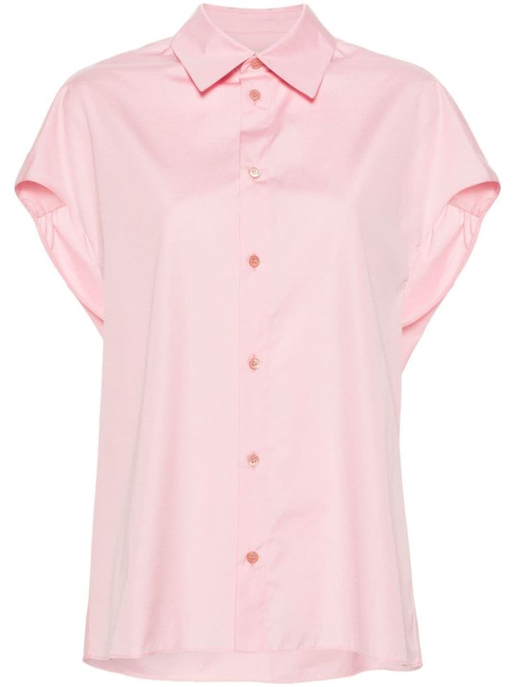 pink cotton poplin texture classic collar front button fastening drop shoulder sleeveless straight hem Classic Pink Collared Top, Classic Pink Tops With Collared Neckline, Pink Spread Collar Shirt For Summer, Pink Summer Shirt With Spread Collar, Pink Shirt With Spread Collar For Summer, Chic Sleeveless Cotton Shirt, Summer Button-up Poplin Shirt, Spring Collared Poplin Top, Summer Poplin Button-up Shirt