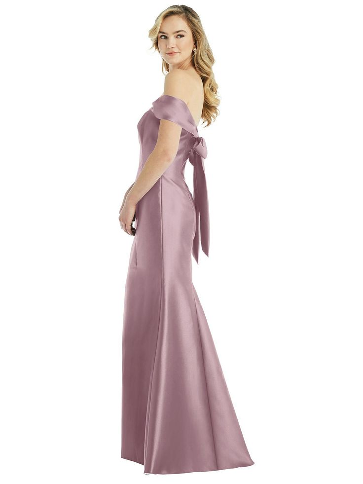 Off-the-Shoulder Bow-Back Satin Trumpet Gown | The Dessy Group Floor-length Satin Maxi Dress With Satin Finish, Satin Finish Floor-length Maxi Dress, Satin Finish Maxi Dress, Satin Finish Full-length Maxi Dress, Elegant Full-length Satin Dress, Floor-length Satin Bridesmaid Dress With Fitted Bodice, Elegant Satin Bridesmaid Dress, Satin Bridesmaid Evening Dress Floor-length, Satin Floor-length Bridesmaid Dress