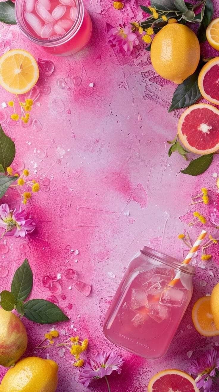 a pink background with lemons, grapefruit and water