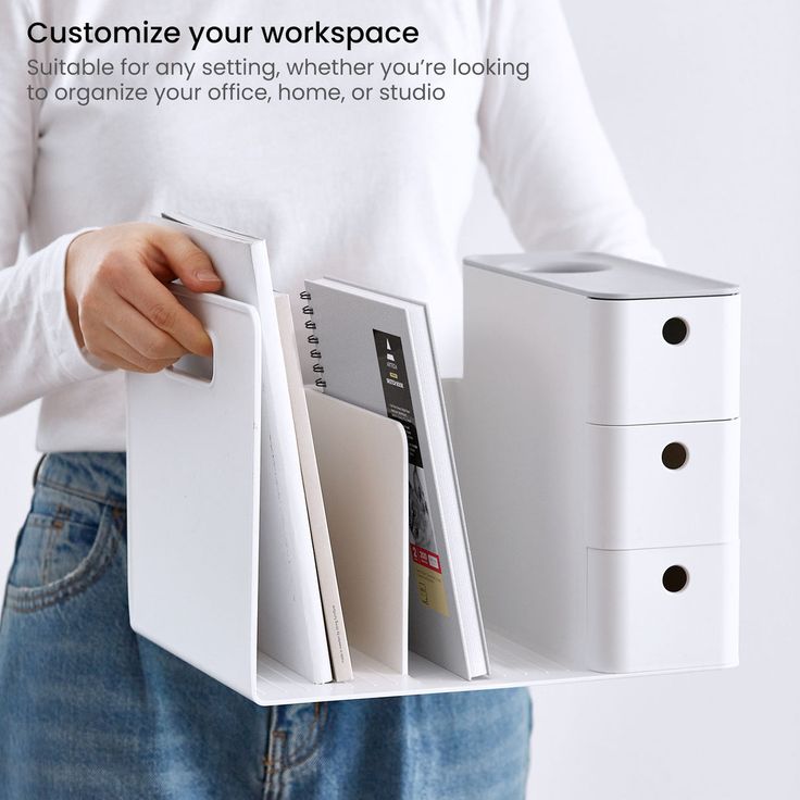 a person holding a binder and folders in front of their back pocket, with the text customize your work space on it