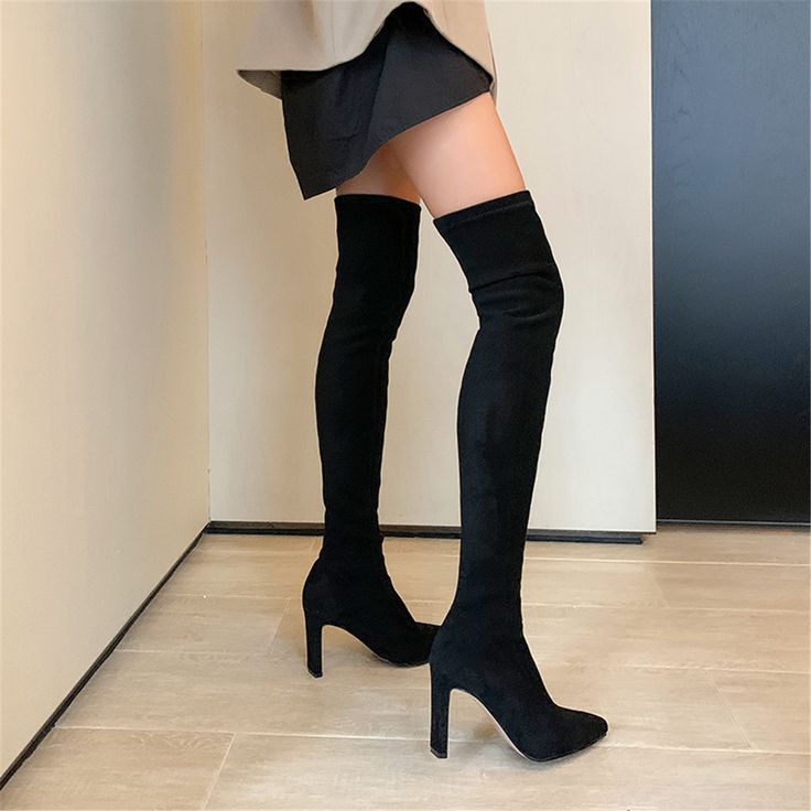 Shop Black Suede Pull-on Elastic Square Heel Thigh High Boots color Black for Dancing Club, Party, School, Travel, Work with worldwide Free shipping & Free return. Elegant Thigh-high Legwear For Party, Elegant Thigh High Legwear For Party, Stretch Thigh High Boots For Party, Stretch Thigh-high Party Boots, Stretch Thigh High Party Boots, Thigh High Stretch Boots For Party, Winter Party Over-the-knee Boots, Fitted Thigh-high Heeled Boots, Trendy Stretch Boots For Party