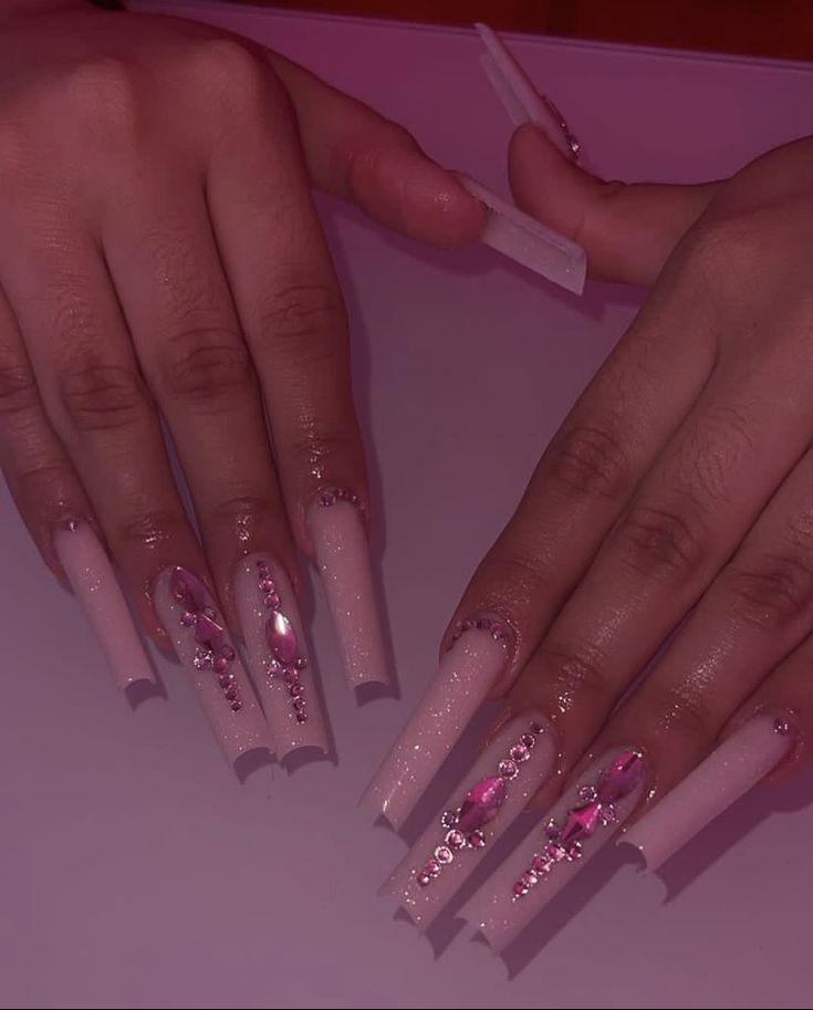 Pink Long Acrylic Nails Art Designs, Boujee Pink Nails, Pink Bottoms Nails, Pink Bottom Acrylic Nails, Pink Boujee Nails, Pink Nails W Gems, Nails With Strass Sparkle, Natural Nails With Gems, Pink Blinged Out Nails