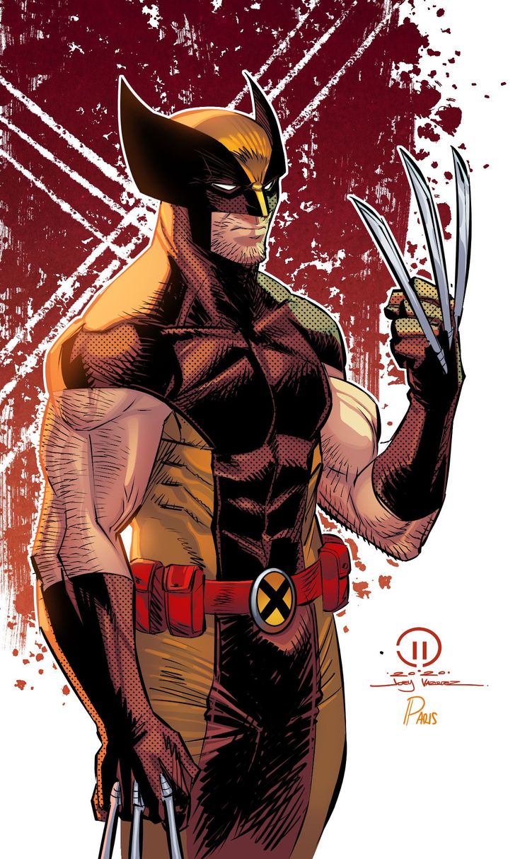 a drawing of wolverine with his claws out and one hand in the air, holding two knives