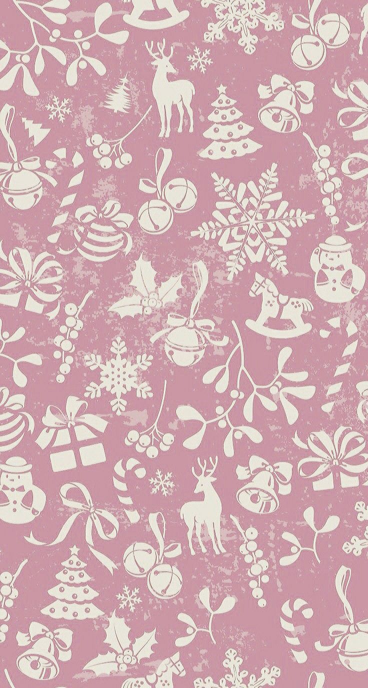 a pink background with white christmas decorations on it