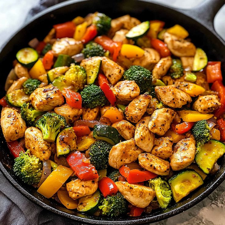 a skillet filled with chicken, broccoli and zucchini stir fry