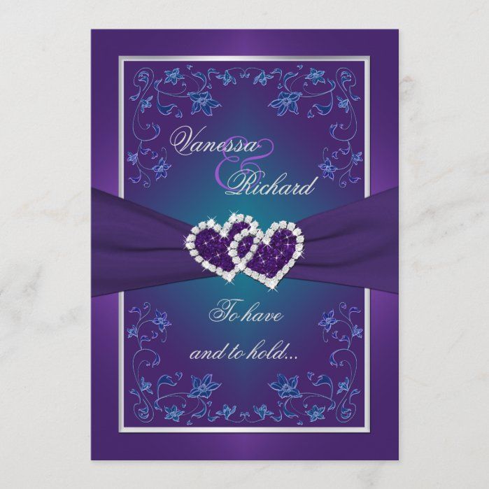 purple and blue wedding card with two hearts