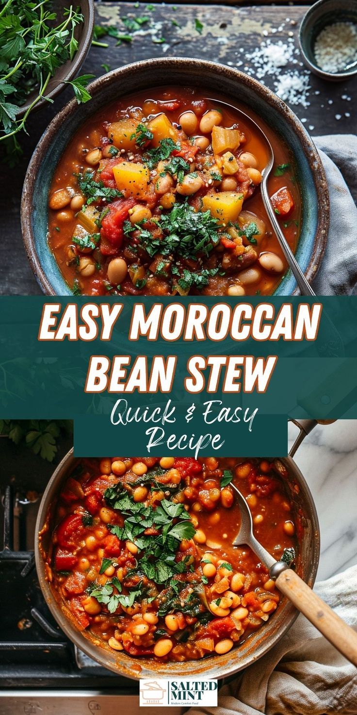 two bowls filled with beans and vegetables next to each other on a table, the title says easy moroccan bean stew