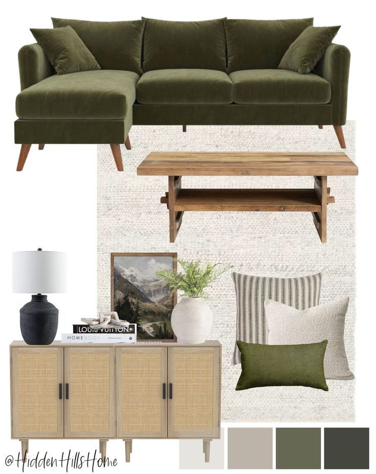 a living room with green couches, pillows and other items in the color scheme