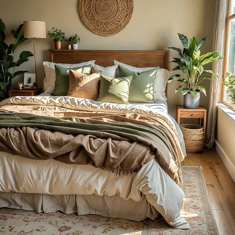 a bedroom with a large bed and lots of plants in the window sill next to it