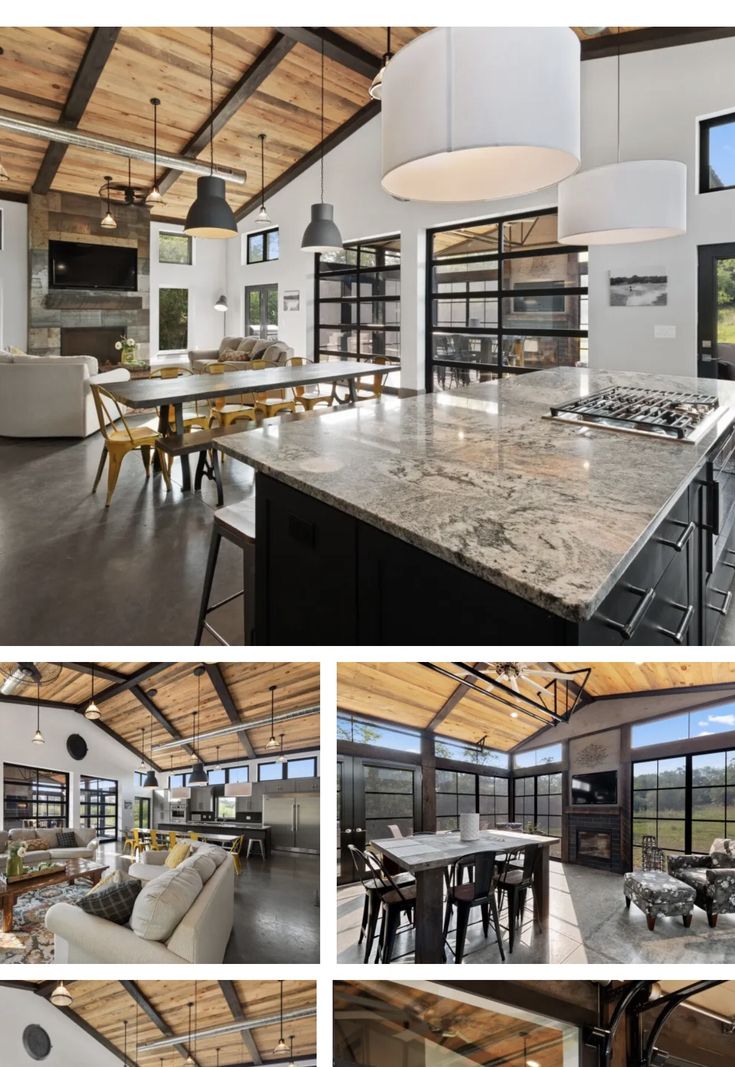 the kitchen, living room and dining area are all in one photo with wood ceilinging