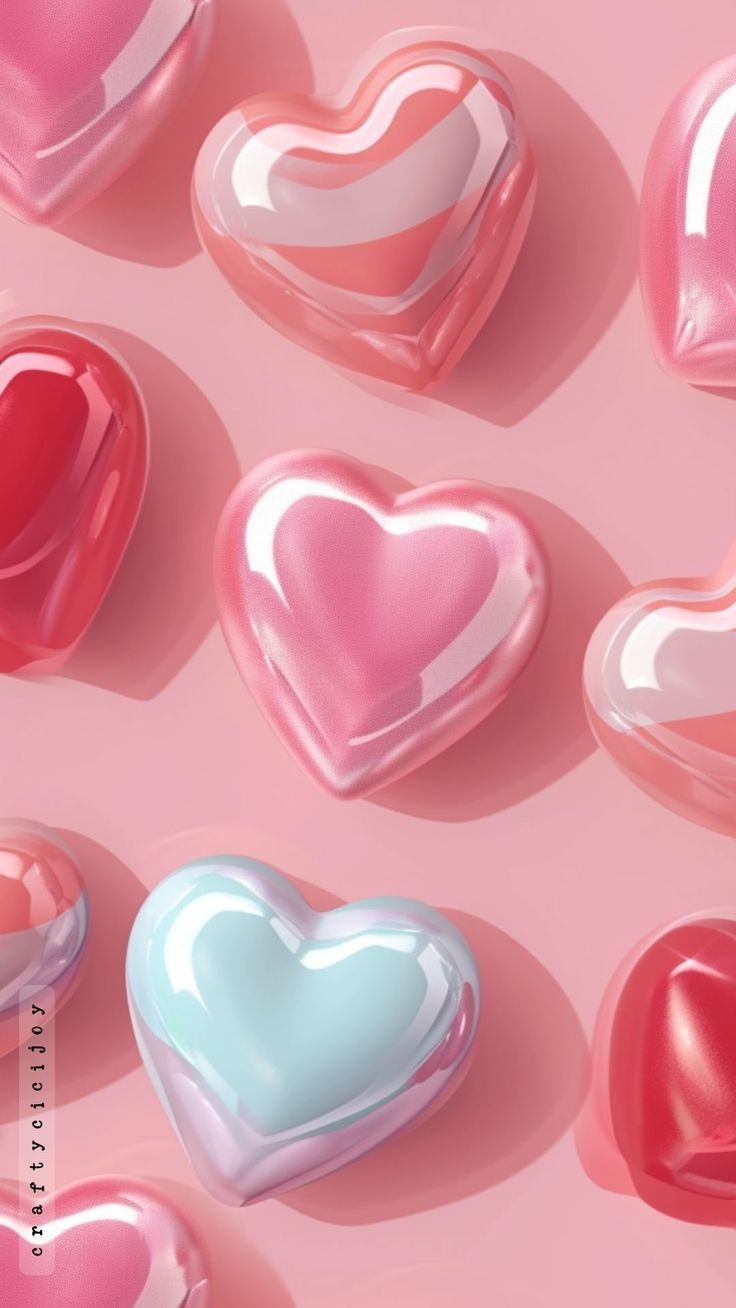 many heart shaped candies on a pink background