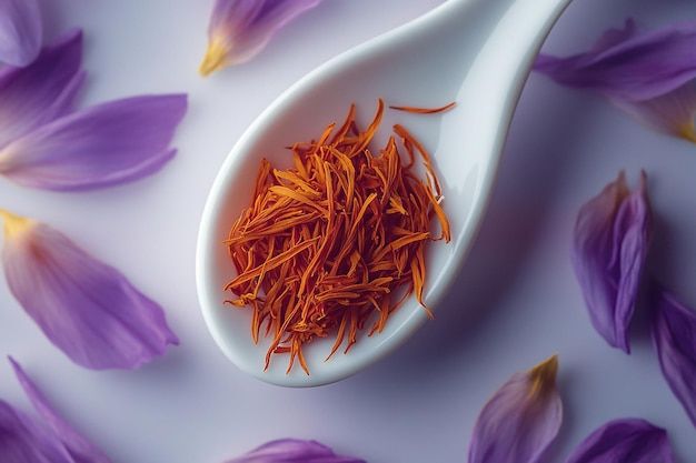 a spoon filled with purple flowers on top of a table