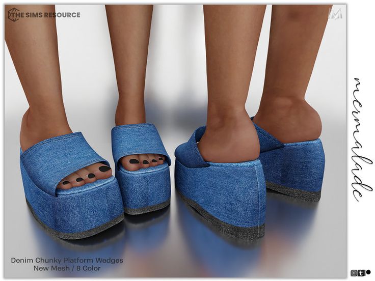 two women's feet wearing denim slippers with holes on the bottom and sides