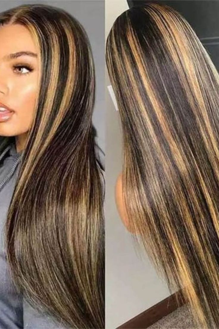 Top 15 Blonde Highlights On Black Hair To Juice Up Your Look Black And Golden Blonde Hair, Golden Streaks On Black Hair, Black With Honey Blonde Highlights, Golden Blonde Highlights On Black Hair, Bleach Highlights On Black Hair, Black Hair With Brown And Blonde Highlights, Blonde Black Hairstyles, Black Hair With Gold Highlights, Gold Highlights On Black Hair