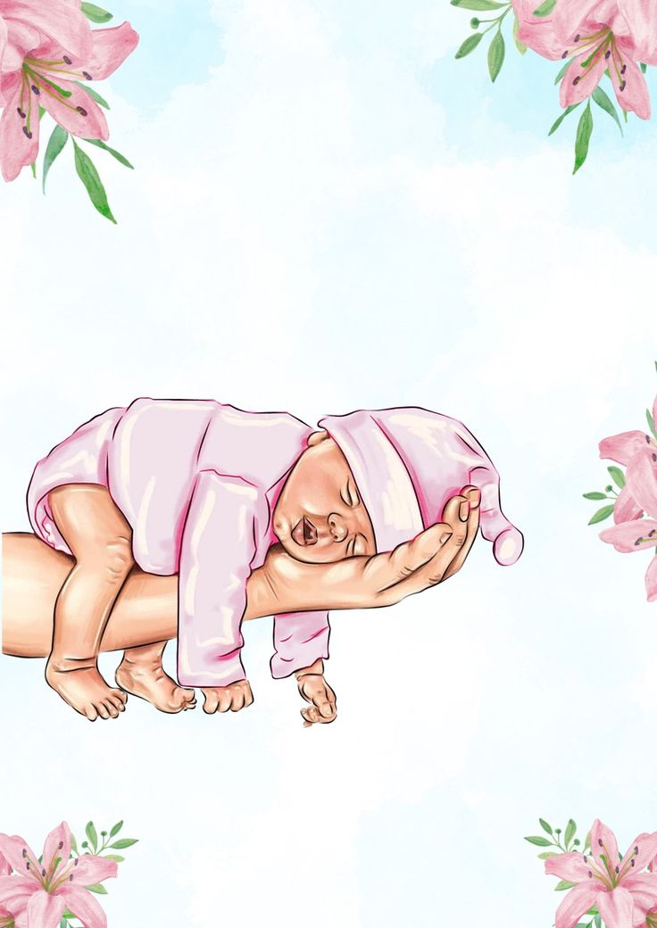 a drawing of a baby laying on top of a person's head with pink flowers in the background