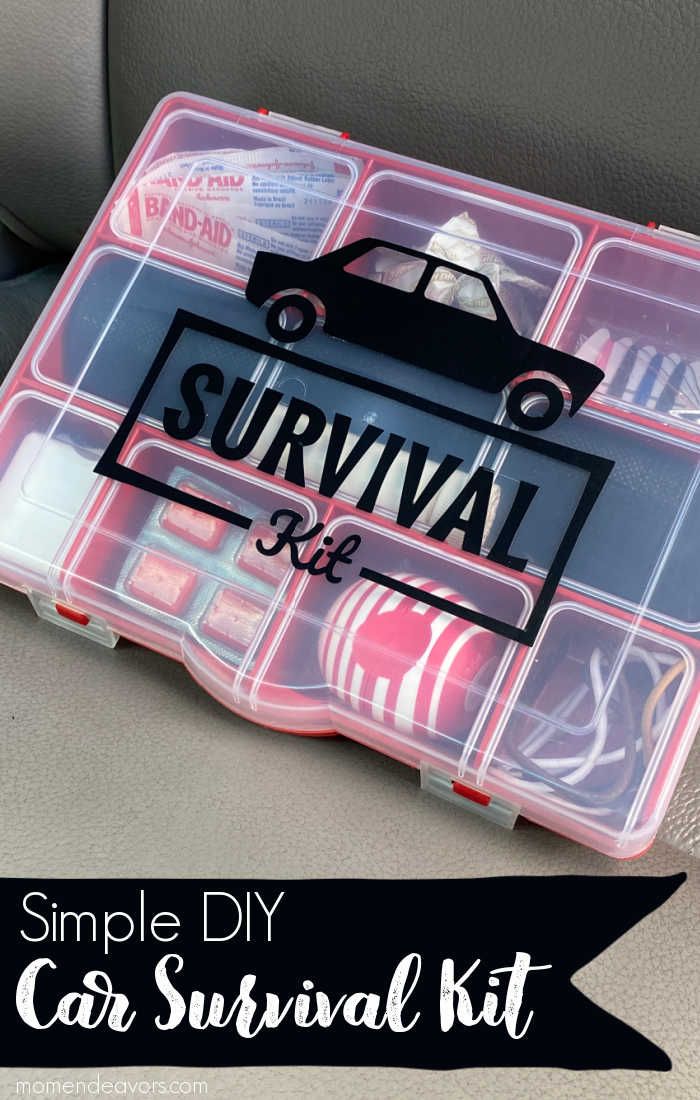 an organized car survival kit in the back seat of a car with text overlay that reads, simple diy car survival kit