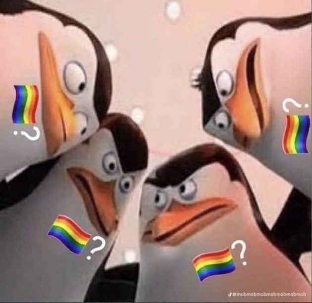 three penguins with different colored eyes and one has a question mark on their foreheads