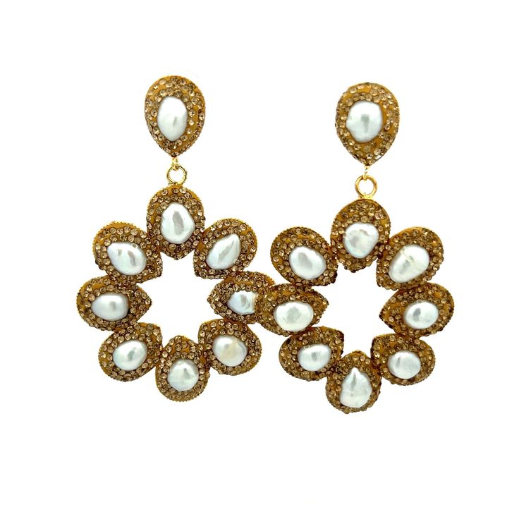 Gold & Pearl Gilded Petal Blooms Earring - Born To Glam Pearl Embellished Earrings For Festive Occasions, Elegant Pearl Drop Earrings For Festive Occasions, Rose Gold Pearl Chain Jewelry For Party, Glamorous Gold Pearl Earrings, Party Pearl Earrings With Sparkling Stones, Pearl Earrings With Sparkling Stones For Parties, Glamorous Pearl Earrings Set, Luxury Pearl Earrings For Party, Glamorous Pearl Embellished Earrings As Gift