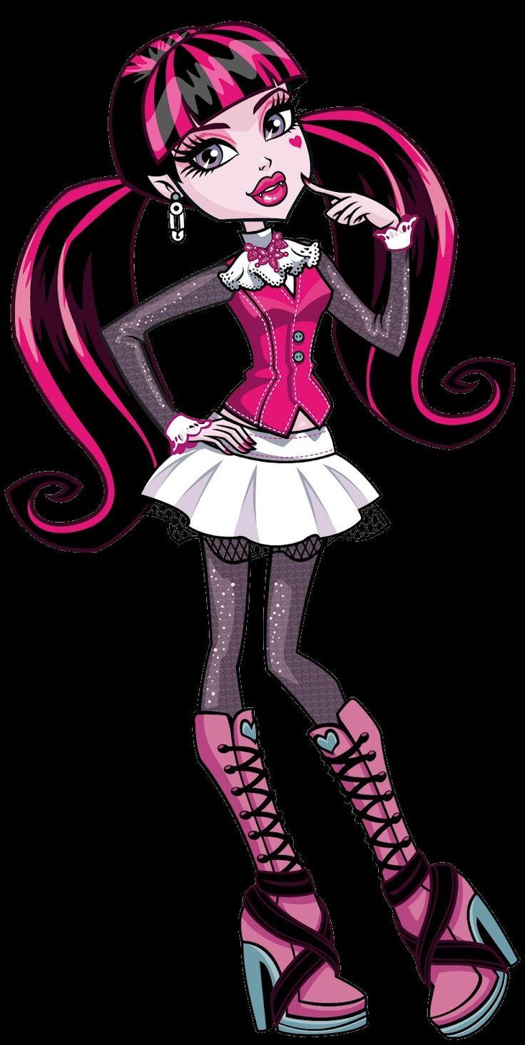 a drawing of a girl with pink hair and high heels standing in front of a black background