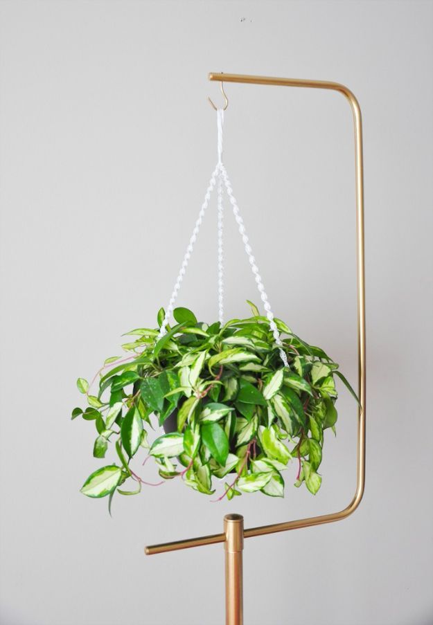 a potted plant hanging from a metal stand