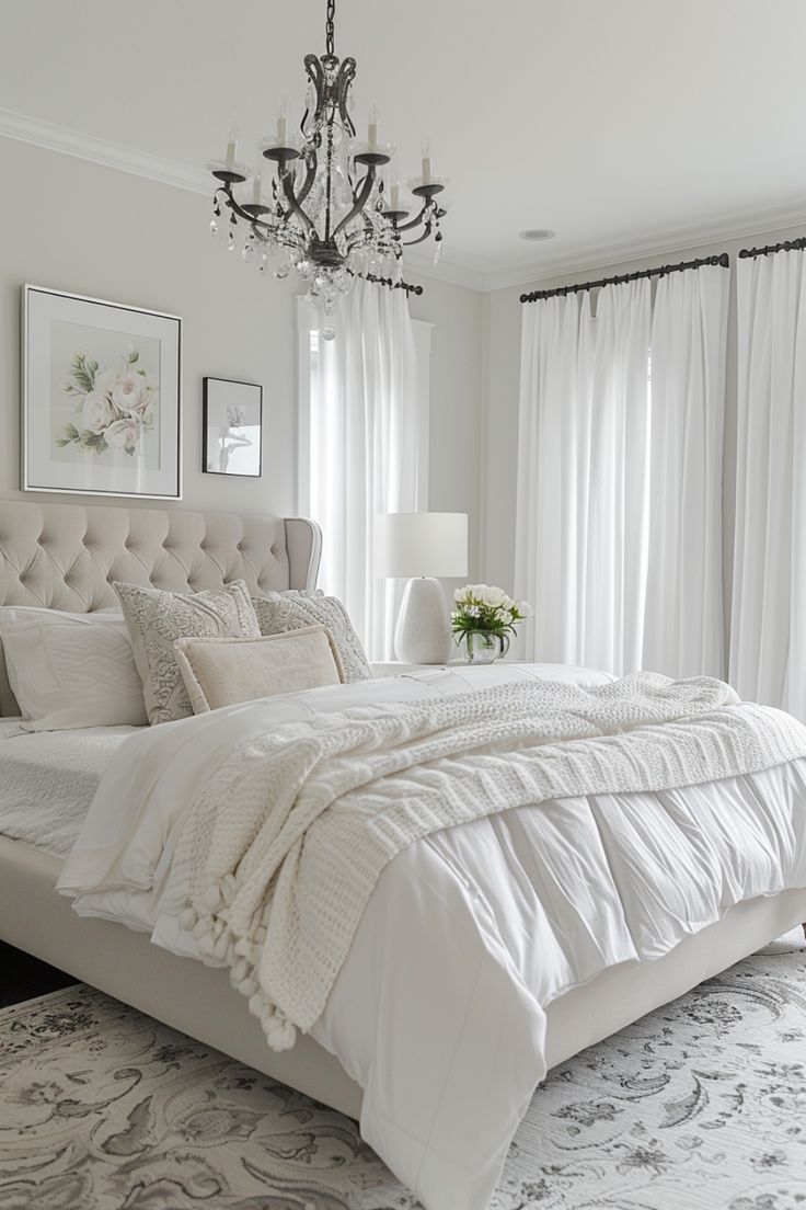 a bedroom with a large bed and chandelier