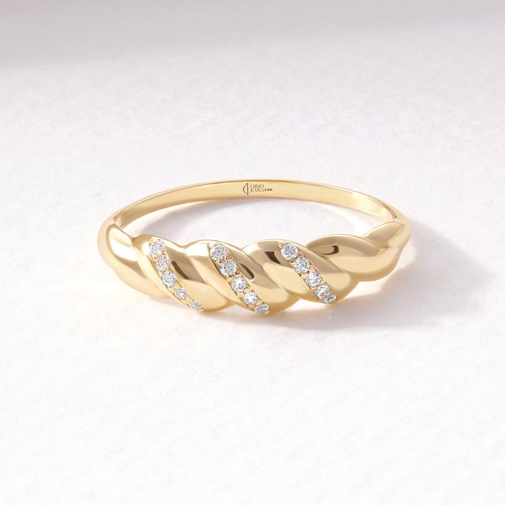 "Here is Croissant Dome Cluster Diamond Statement Ring for bride! This 18K 14K 10K Thick Twisted Rope Wedding Band will be perfect Promising Jewelry for bride or fiancee in her wedding or engagement ceremony. Chunky Bold Signet turns to elegance chunky bold ring for her! This signet gold ring will be great in her bridal shower as a twist rope ring! This Unique Croissant moissanite irregular ring can be either exciting twisted dome ring or pinkie finger ring for her. This Sturdy and stunning chun Gold Cubic Zirconia Half Eternity Wedding Ring, Gold Cubic Zirconia Half Eternity Diamond Ring, Yellow Gold Plated Diamond Ring With Accents, Gold Diamond Ring With Half Eternity For Anniversary, Gold Plated Brilliant Cut Rings For Wedding, Gold Diamond Half Eternity Rings, Yellow Gold Plated Rings For Wedding, White Gold Plated Rings For Wedding, Gold Pave Setting Jewelry For Wedding And Anniversary