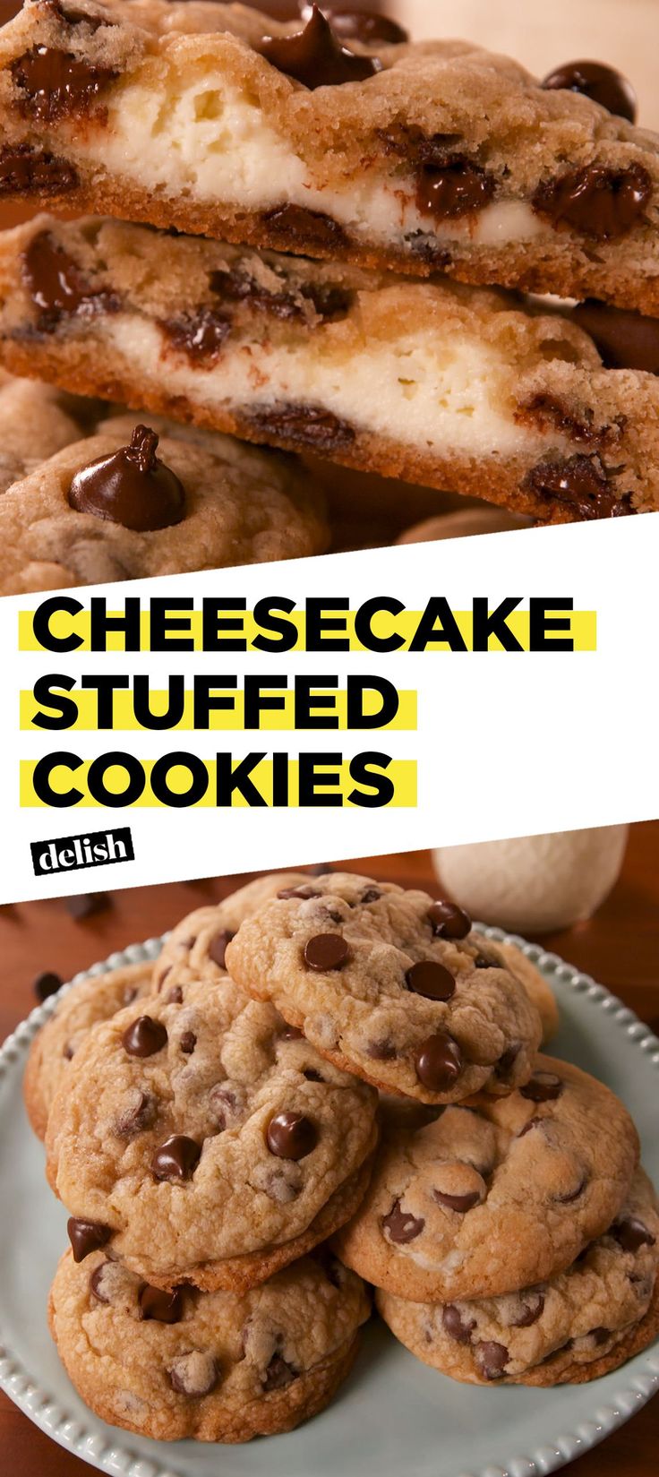 chocolate chip cheesecake stuffed cookies stacked on top of each other with text overlay