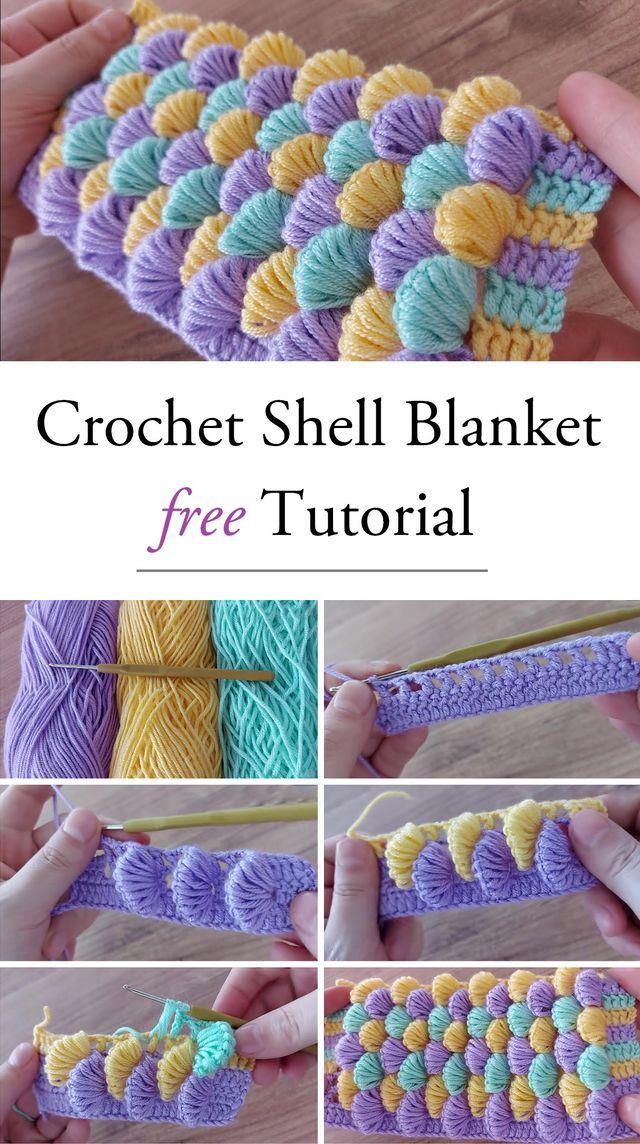 the crochet shell blanket is being made with yarn