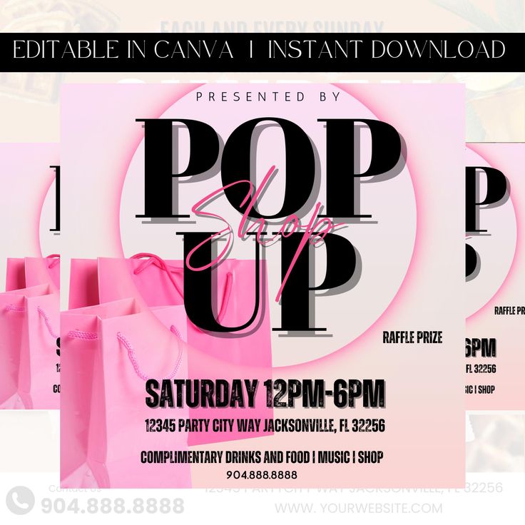 an advertisement for a pop up event with pink bags and the words pop up on it