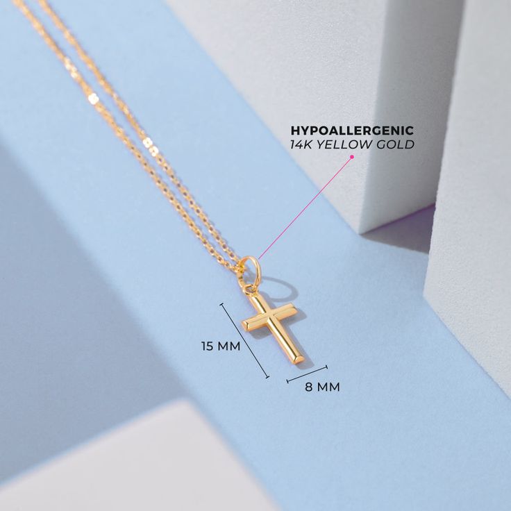 If you're searching for a meaningful gift for your little boy, our 14k yellow gold small plain Baptism cross is a perfect choice. This divine pendant is both simple and elegant, crafted entirely from solid 14k yellow gold. It's a heartwarming way for children to express their love for the cross through religious jewelry, and it complements any of their adorable outfits. Order one for your little angel today, and it will become a cherished part of his jewelry collection for years to come. Your item will arrive impeccably packaged in a gift box, complete with a matching 12" 14k gold chain for easy and thoughtful gifting. Age Group: Lovely for Little Boys & Preteens; Safe for Sensitive Skin Material: 14k Yellow Gold Pendant Size: 15mm x 8mm thin polished cross pendants Chain Length: 12"-16" M Boys Necklace, Adorable Outfits, Kids Necklace, Yellow Gold Pendants, Religious Jewelry, Toddler Kids, Necklace Sizes, The Cross, Meaningful Gifts