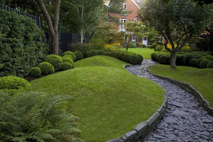 a garden with lots of green grass and small stream running through it's center