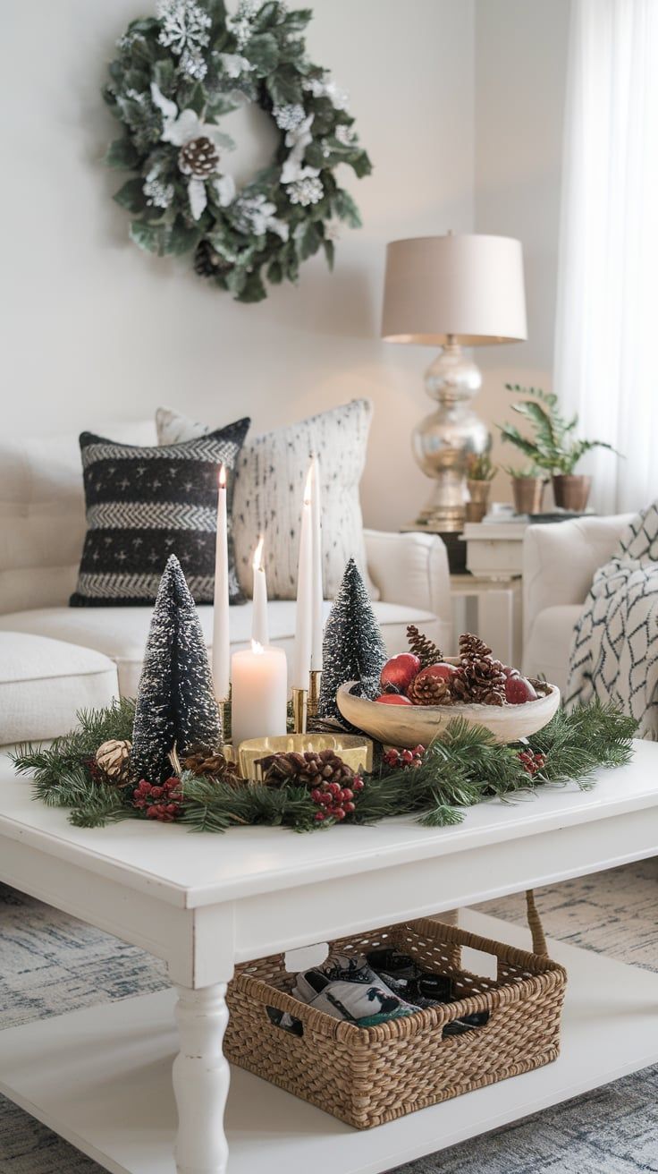 a living room with christmas decorations on the coffee table and candles in front of it