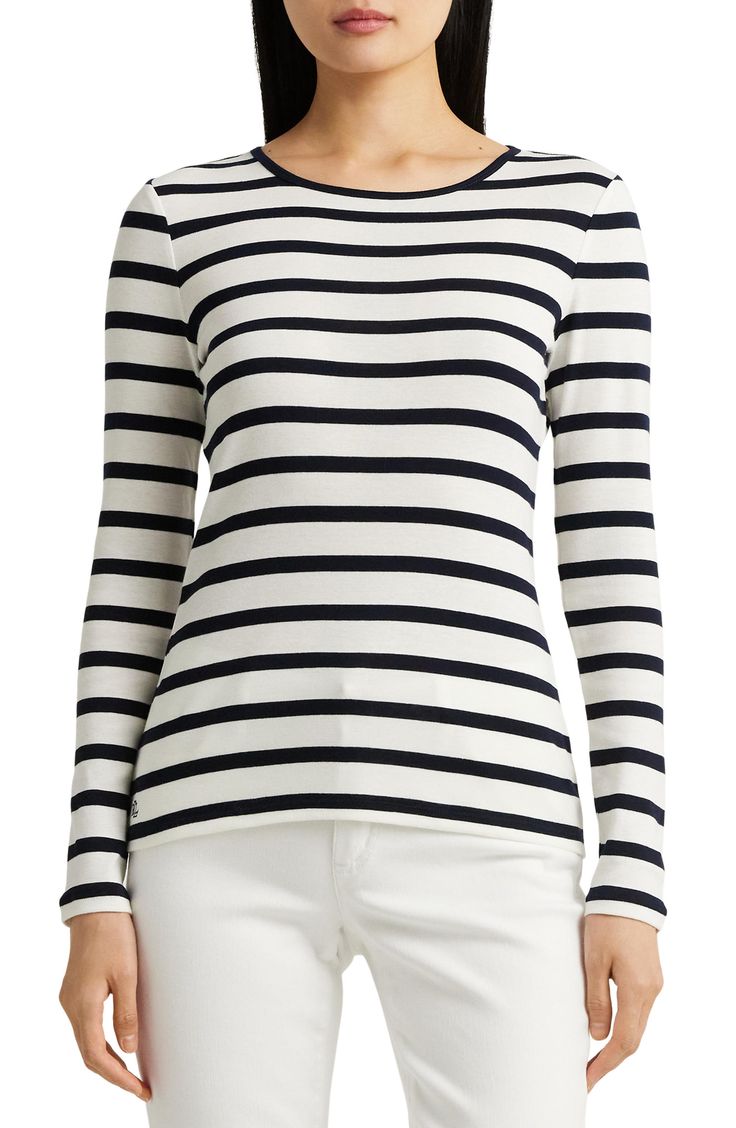 Breton stripes give a bracing look to this trim-fitting cotton-jersey T-shirt. 24 1/2" length (size Medium) Crewneck Long sleeves 100% cotton Machine wash, line dry Imported Classic Elastane Tops For Spring, Classic Tops For Spring, Classic White Top With Striped Collar, Classic White Tops With Contrast Stripes, Classic White Tops With Striped Collar, Stretch Crew Neck Top With Contrast Stripes, Classic Crew Neck Top With Striped Hem, Striped Stretch Cotton T-shirt, White Striped Hem Tops For Spring