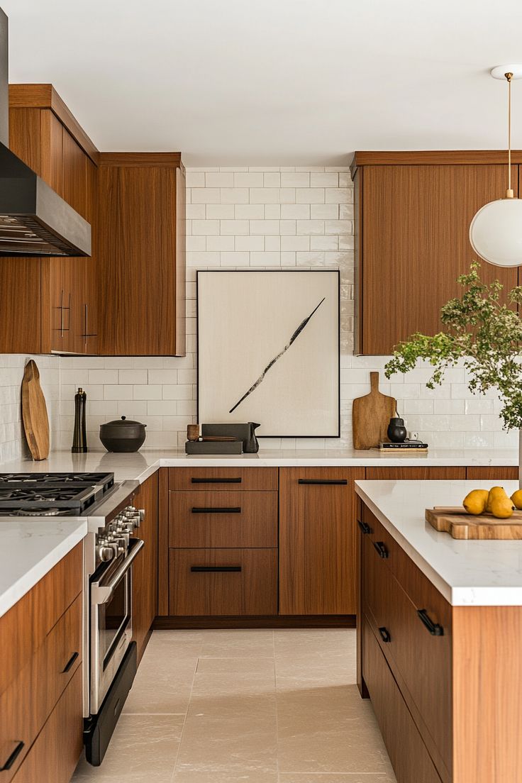 a kitchen with wooden cabinets and marble counter tops