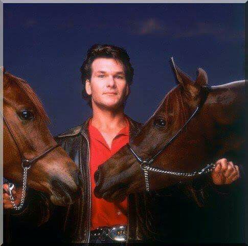 a man standing next to two brown horses