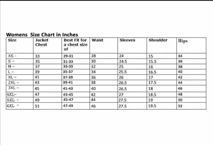 women's size chart in inches