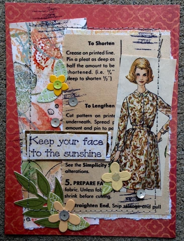 altered paper collage with buttons and flowers on the bottom, featuring an image of a woman's dress