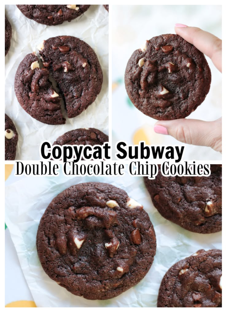 collage of chocolate chip cookies with text that reads copycat subway double chocolate chip cookies