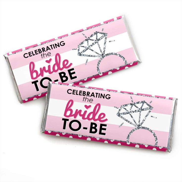 two pink and white candy bar wrappers with the words, celebrating bride to be