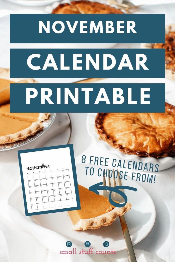 a table with pies and pie slices on it for the november calendar printable