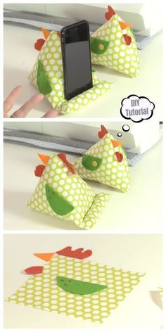 there is a cell phone holder made out of some fabric and paper with an image of a bird on it