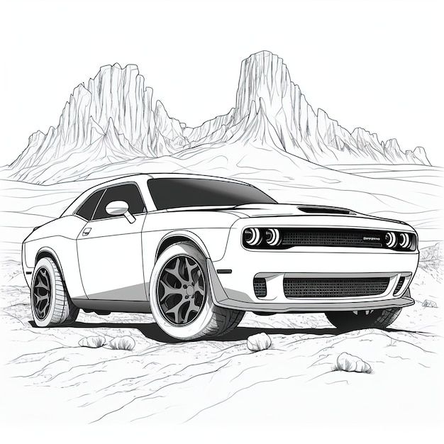 a drawing of a car in the desert