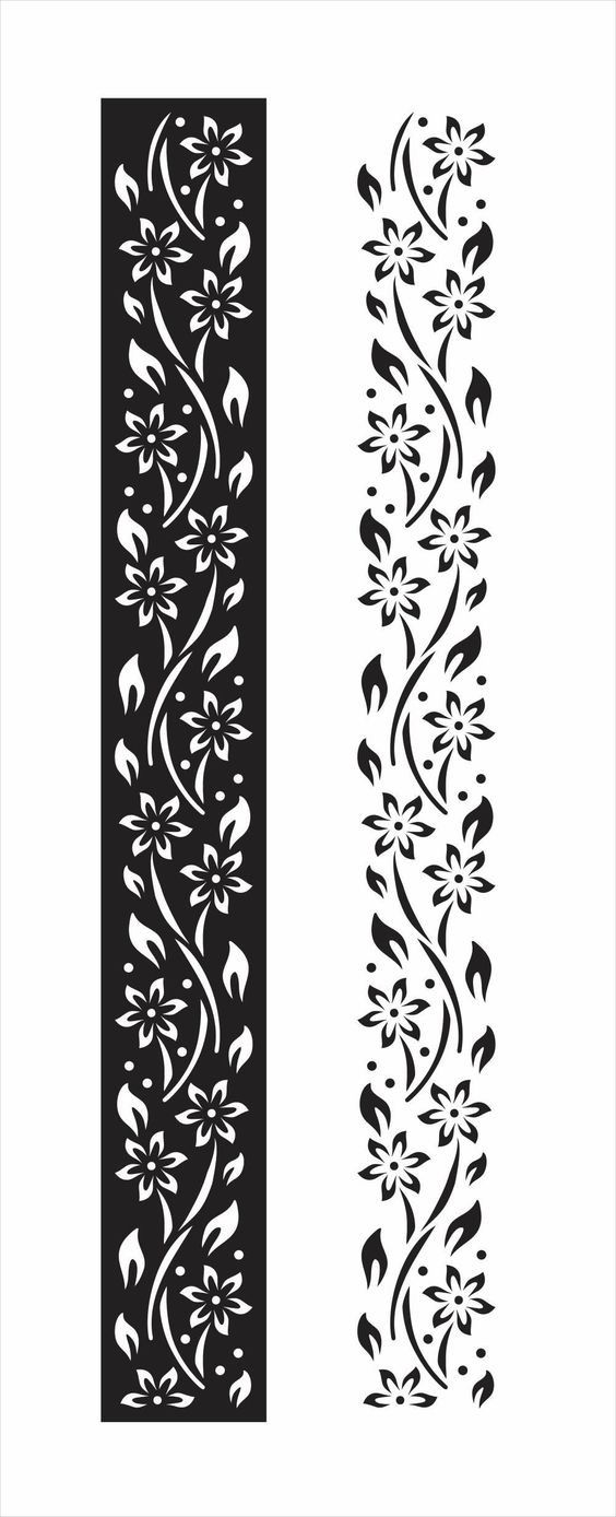 two black and white designs with flowers on each side, one is in the shape of a