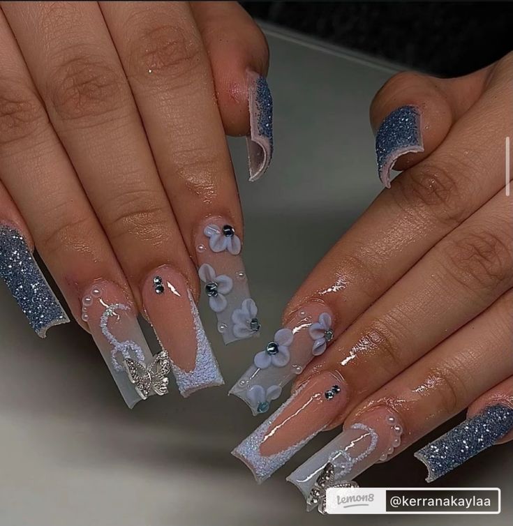 Birthday Nail Ideas, Cinderella Nails, Sweet 16 Nails, Glamorous Birthday, Blue Prom Nails, Acrylic Nails Ideas, Blue And Silver Nails, Birthday Nail Designs, Quinceanera Nails