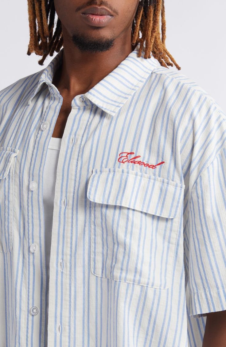 An embroidered logo on the chest and a boxy fit drive home the vintage-inspired styling of this button-up cut from cool cotton oxford cloth. 26" length Front button closure Spread collar Short sleeves Chest flap patch pockets 100% cotton Machine wash, tumble dry Imported Engagement Photo Shoot Beach, Engagement Photoshoot, Engagement Photo, Navy White, Rodeo, Navy And White, Photo Shoot, White Stripe, Button Up Shirts