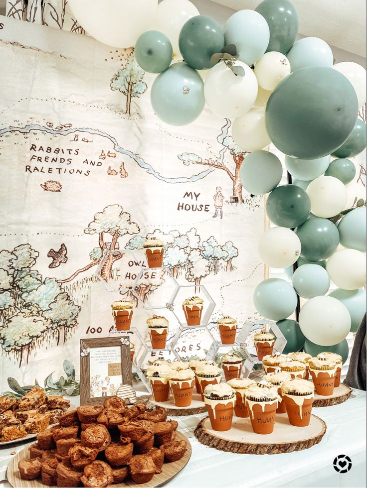 dessert table with blue and white balloons, cupcakes and muffins on plates