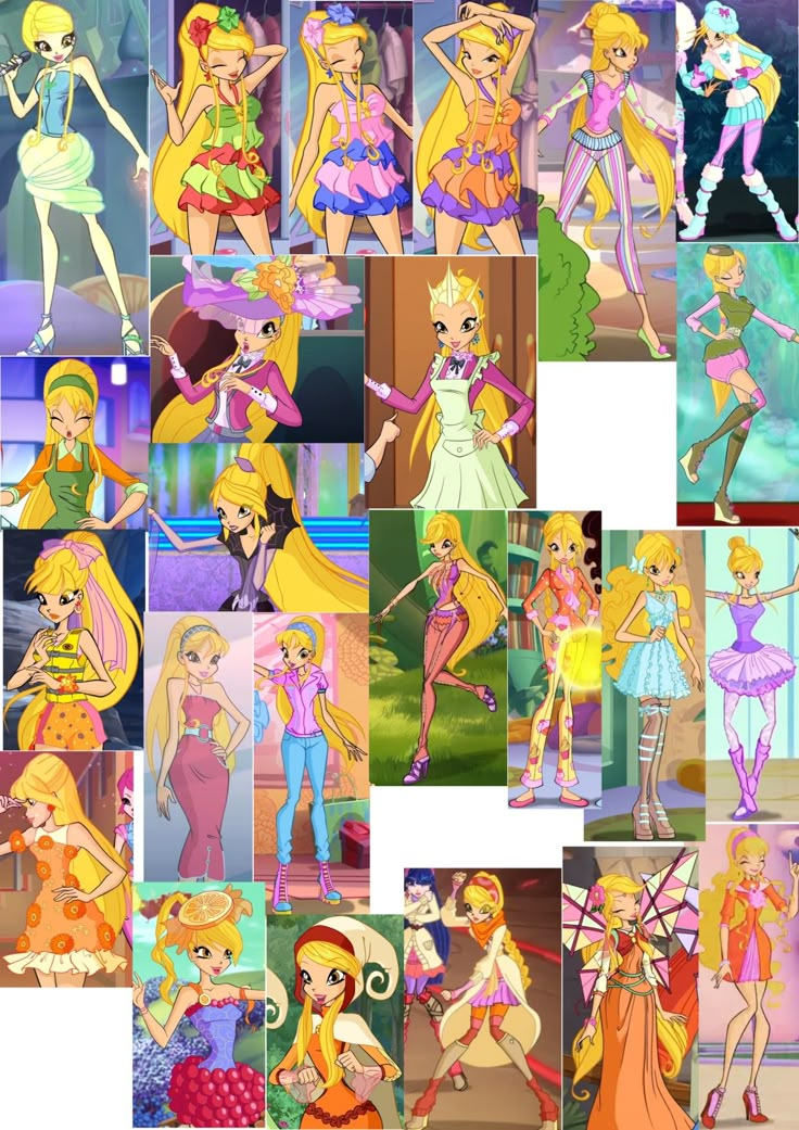 many different pictures of barbie dolls in various outfits and hair styles, all with long blonde hair